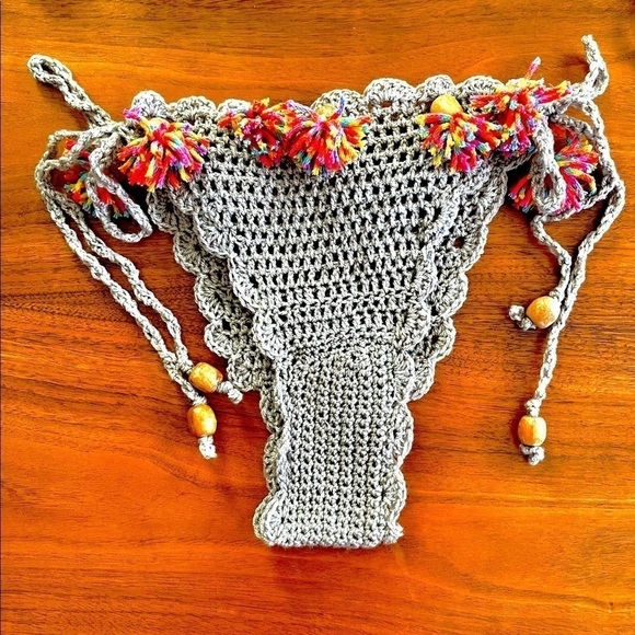 GRAY BIKINI AND SWIM COVER SET WITH MULTI COLORED TASSELS - Picture 10 of 17